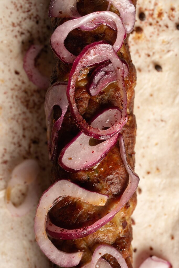 Close-up of kebab with red onion and sumac on lavash