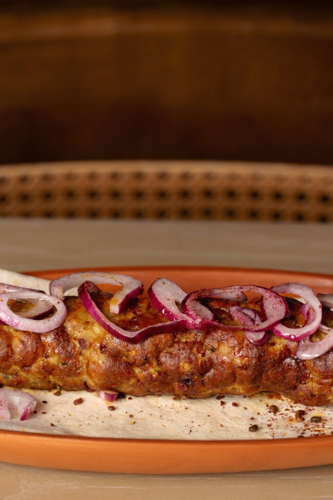 Kebab with red onion, close-up
