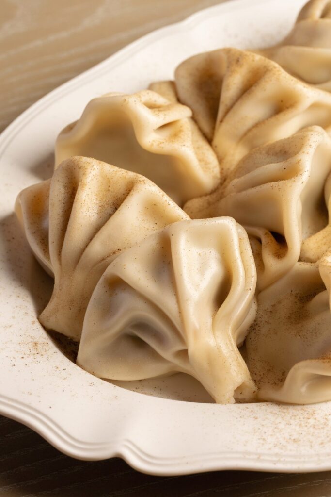 Close-up of khinkali pleats with black pepper
