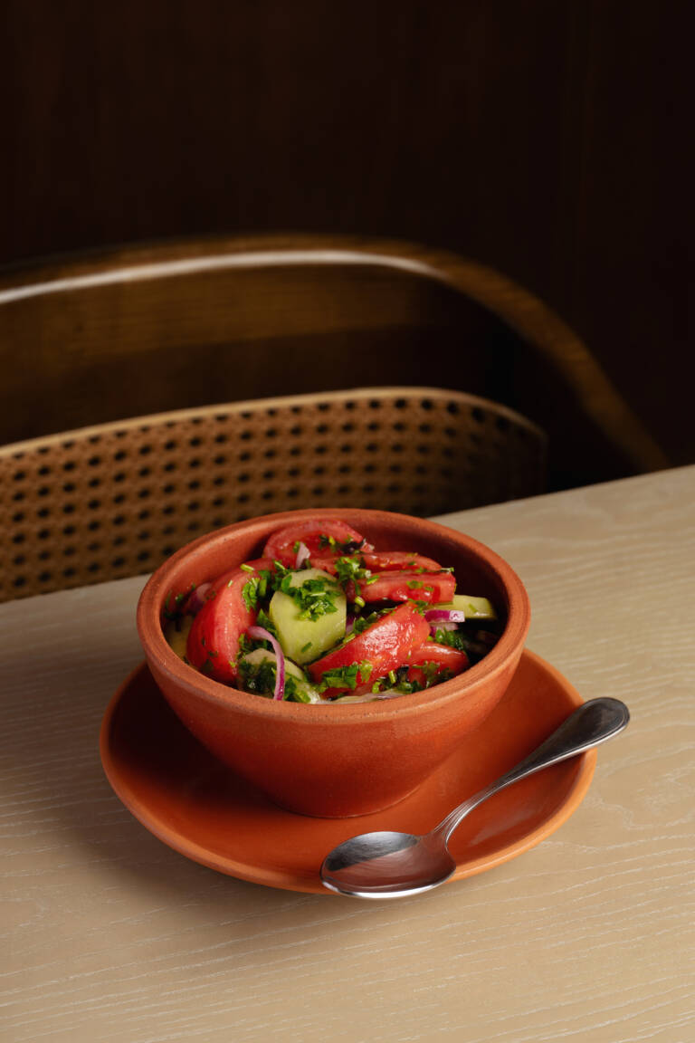Cucumber and tomato salad with Kakhetian oil